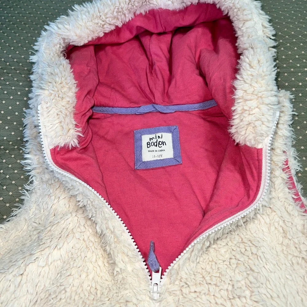 Mini Boden Faux Fur Sherpa Teddy Hooded Full Zip Vest Size:11/12